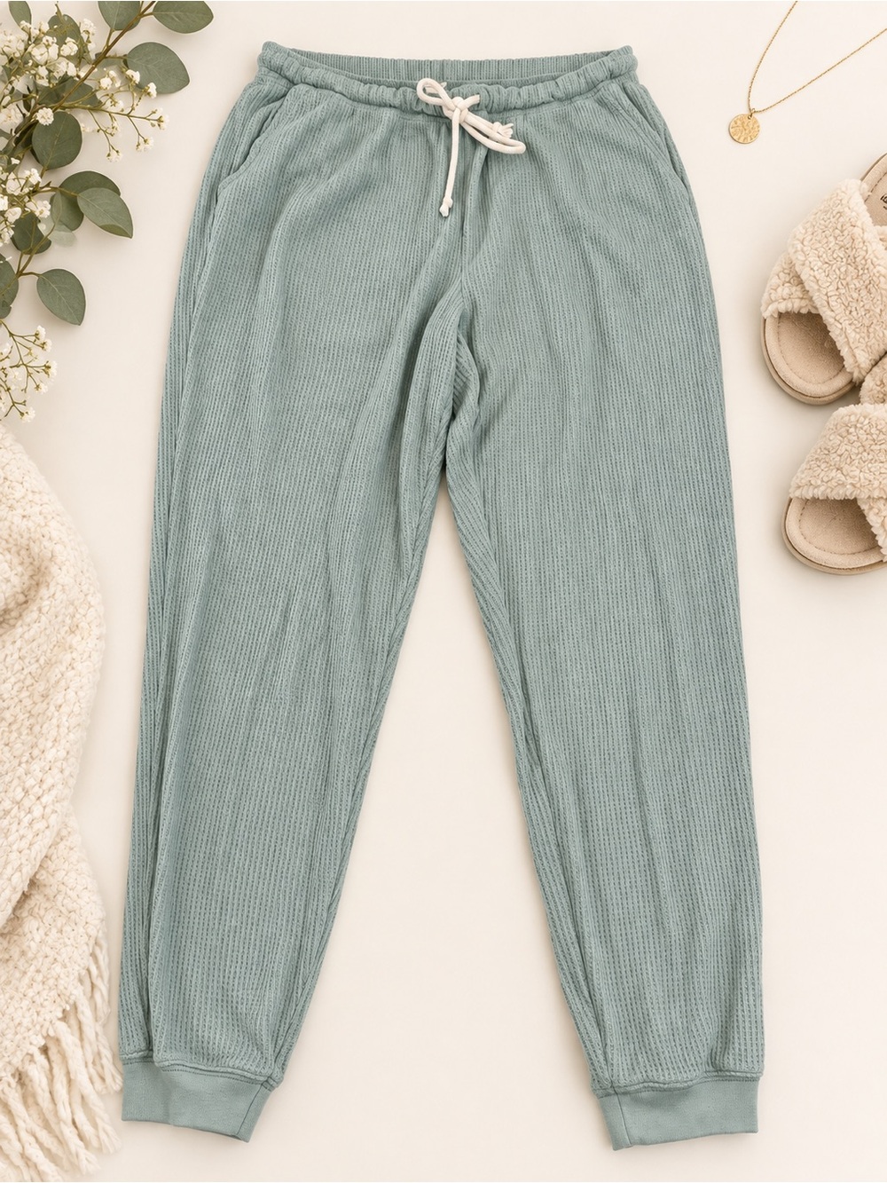 Aerie Waffle Knit Joggers XL Long Sage Green Drawstring Lounge Pants